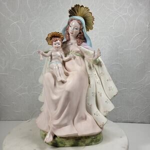 Vintage Crowned Holy Mary Baby Jesus Statue 12" Pink Ceramic Madonna Bea Cox